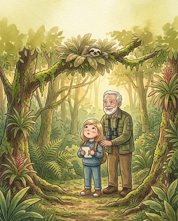 Mia stands at the edge of a lush green rainforest path, notebook in hand, looking toward the tall trees.